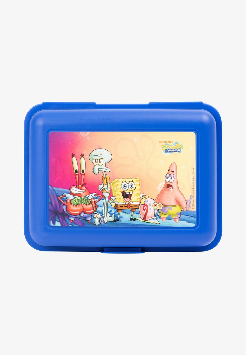 Lunch box blu in plastica con una grafica colorata di personaggi dei cartoni animati, tra cui SpongeBob e i suoi amici, sul coperchio.