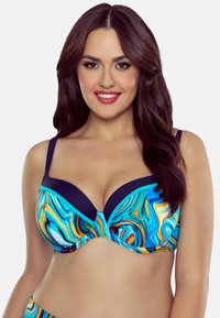 Top da bikini con ferretto colorato, caratterizzato da un motivo a spirale blu, arancione e giallo, con una banda blu scura e spalline regolabili.