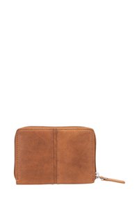 Brown leather wallet with a smooth texture, zip closure, two visible seams on the front, and a small leather zipper pull.