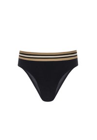 Czarna bielizna o gładkiej fakturze, z kontrastującym elastycznym paskiem w złote, czarne i białe paski na górze.