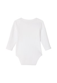 Langarm-Bodysuit in Weiß, gefertigt aus einem weichen, dehnbaren Baumwollmaterial, mit rundem Ausschnitt und Druckknopfverschluss am Boden.