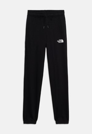Pantaloni sport negri casual, cu talie elastică și manșete, șnur de ajustare și logo alb „The North Face” pe coapsa superioară.