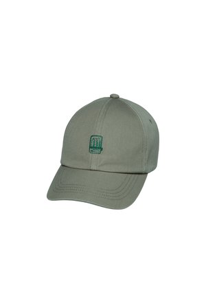 Lichtgroene baseballpet met gebogen klep en klein donkergroen embleem in het midden van het voorpaneel.