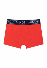 Shorts boxers rouges en coton avec une taille marine ornée du texte répétitif "MINOTI" et un design à ouverture à l'avant. Texture lisse et forme ajustée.