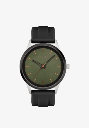 Grüne Uhr mit mattem Zifferblatt, schwarzer Lünette und schwarzem Silikonarmband. Verfügt über orangefarbene Stundenmarkierungen und Zeiger. Markenname auf dem Zifferblatt.