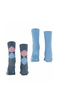 Skarpetki bawełniane: jedna para w ciemnoszarym kolorze z wzorem argyle w kolorze różowym, jasnoniebieskim i białym; druga para w jednolitym jasnoniebieskim kolorze.