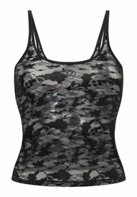 Canotta in rete a fantasia mimetica nera e grigia con doppie spalline sottili e piccolo logo rotondo al centro del petto.