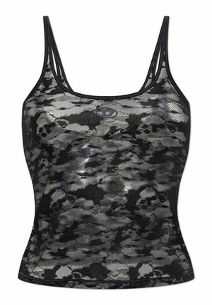 Canotta in rete a fantasia mimetica nera e grigia con doppie spalline sottili e piccolo logo rotondo al centro del petto.