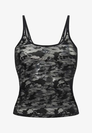 Canotta in rete a fantasia mimetica nera e grigia con doppie spalline sottili e piccolo logo rotondo al centro del petto.