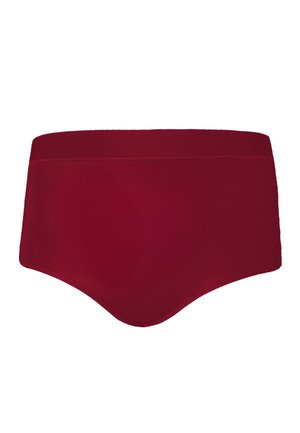 Red, high-waisted brief made from smooth fabric. Features a wide waistband and seamless edges for comfort. Solid color with no patterns.