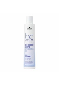 White plastic bottle of Schwarzkopf BC Bonacure Anti-Dandruff Shampoo, labeled in blue text, featuring a flip-top lid and 250 ml capacity.