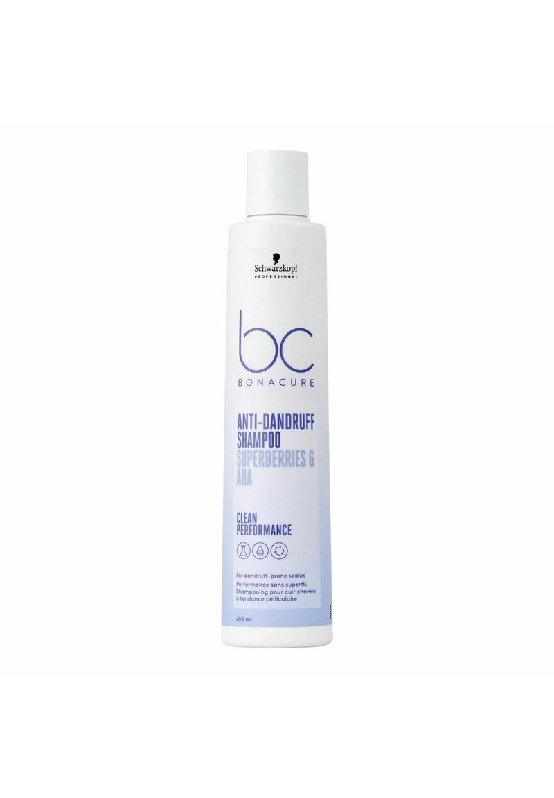 White plastic bottle of Schwarzkopf BC Bonacure Anti-Dandruff Shampoo, labeled in blue text, featuring a flip-top lid and 250 ml capacity.