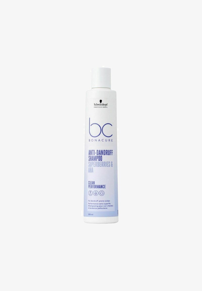 White plastic bottle of Schwarzkopf BC Bonacure Anti-Dandruff Shampoo, labeled in blue text, featuring a flip-top lid and 250 ml capacity.