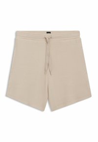 Beige shorts gemaakt van gestructureerde stof, met een elastische tailleband en trekkoord en zijzakken. Klassiek ontwerp met een relaxte pasvorm.