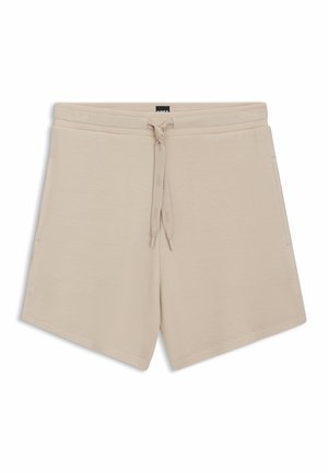Pantaloni corti beige realizzati in un tessuto testurizzato, con vita elastica dotata di cordino e tasche laterali. Design classico con una vestibilità rilassata.