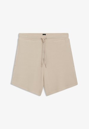 Beżowe szorty wykonane z teksturowanej tkaniny, z elastyczną talią ze sznurkiem i bocznymi kieszeniami. Klasyczny krój w luźnym fasonie.