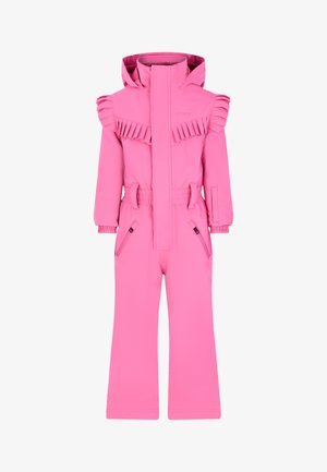 Roze buiten sneeuwpak met ruches, een ritssluiting aan de voorkant, een elastische tailleband en twee voorzakken. Gemaakt van waterdicht materiaal.