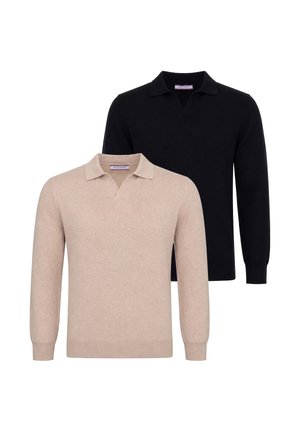 Due maglie polo a maniche lunghe, una beige davanti e una nera dietro, esposte su sfondo bianco.