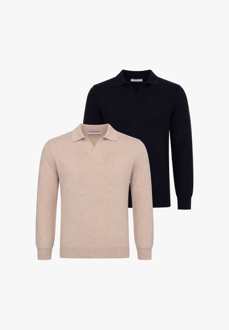 Deux pulls polo à manches longues, un beige devant et un noir derrière, présentés sur fond blanc.