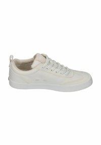 Witte sneaker van glad materiaal, met een vetersluiting aan de voorkant, een gepolsterde kraag en een tekstuur rubberen zool. Subtiele branding op de tong.