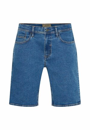 Denim kratke hlače v srednje modri barvi z oprijetim krojem. Značilnosti vključujejo pet žepov, pas z zanko in kontrastno šivanje. Ravna rob.