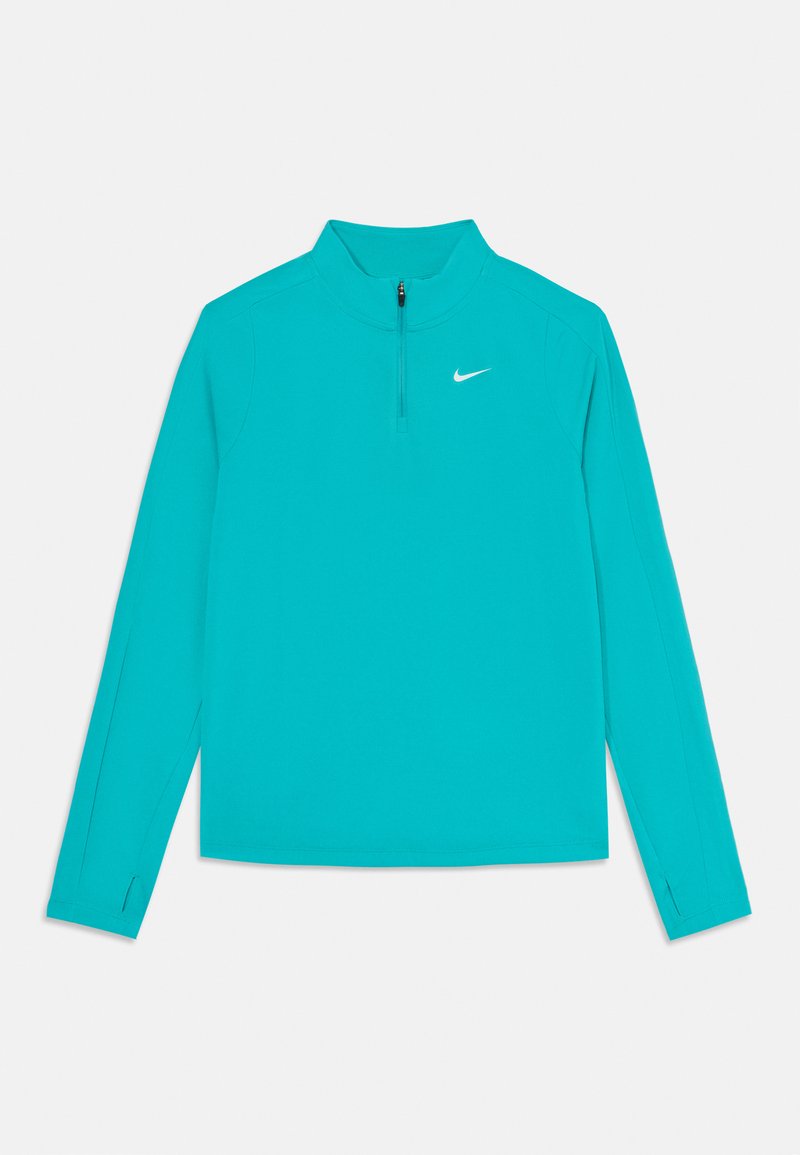 Turquoise langemouw quarter-zip shirt met een hoge kraag. Voorzien van een klein wit Nike-logo op de borst en zijslitsen bij de mouwen.
