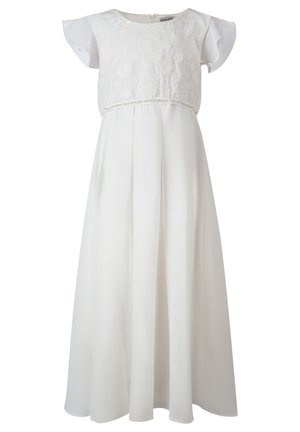 Biała sukienka z krótkimi, falującymi rękawami, koronkowymi zdobieniami na górze, zwiewną spódnicą i ukrytym zamkiem z tyłu.