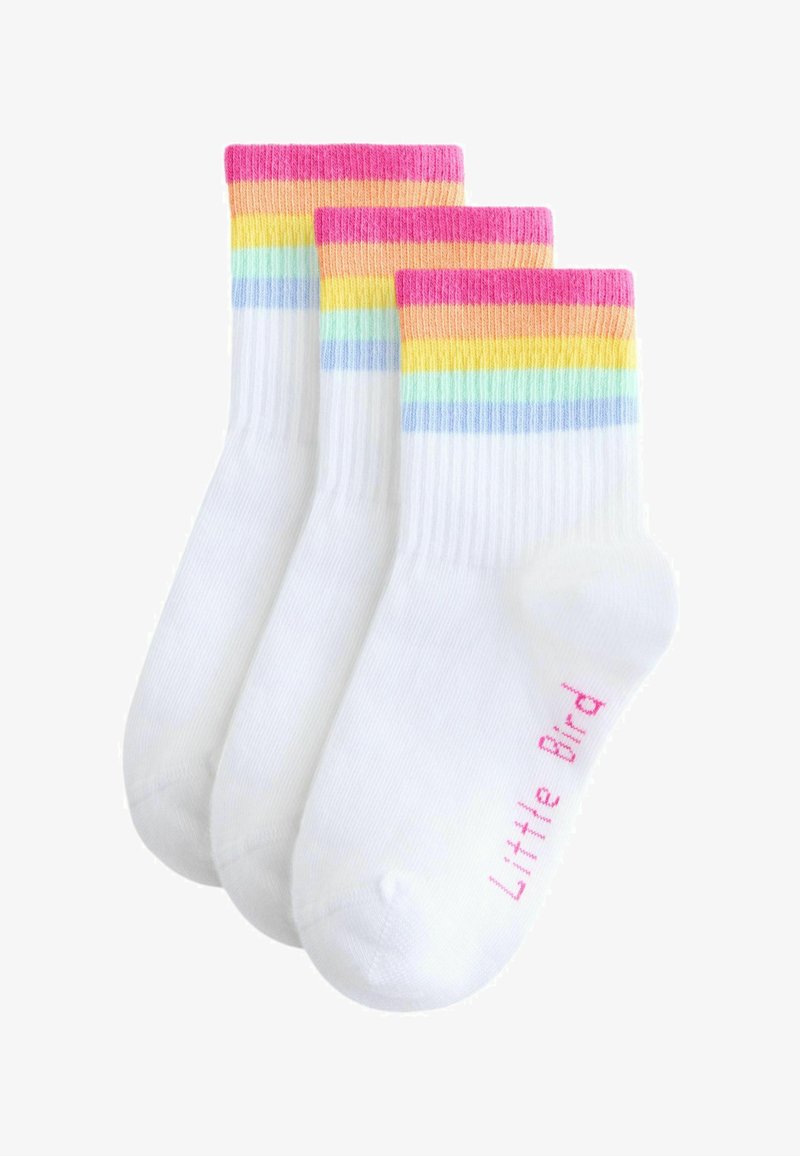 Fehér zoknik csíkos mandzsettával rózsaszín, sárga és kék színekben. Minden zoknin bordázott mintázat és az oldalán "Little Bird" felirat található.