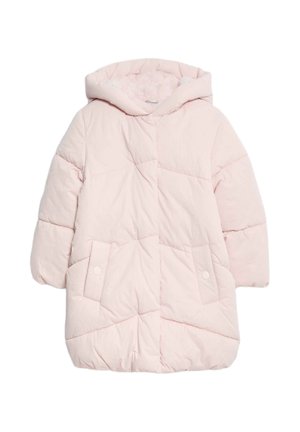 Ljusrosa puffjacka med huva, med quiltat mönster, två framfickor med tryckknappar och ett mjukt innerfoder.