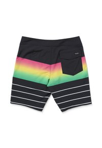 Shorts de bain noirs avec un motif dégradé de rose, jaune et vert sur le dessus, dotés de rayures blanches horizontales et d'une poche arrière.