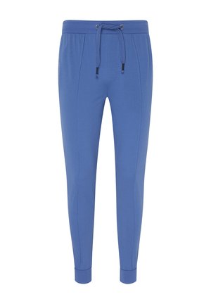 Lyseblå joggingbukser lavet af blød bomuldsblanding, med elastisk talje med snøre, tapered ben og manchetter ved anklerne.