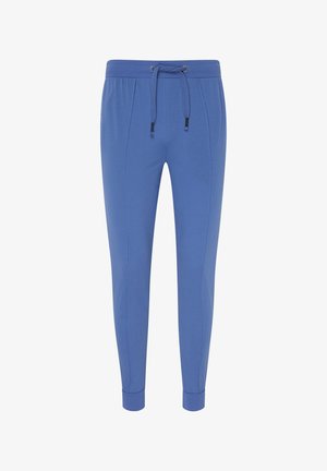 Jasnoniebieskie dresy wykonane z miękkiej mieszanki bawełny, z elastycznym paskiem w talii ze sznurkiem, zwężanymi nogawkami i ściągaczami na kostkach.