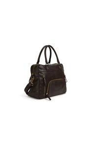 Borsa a tracolla in pelle marrone con doppi manici superiori, tracolla regolabile, hardware dorato e diverse tasche con zip.