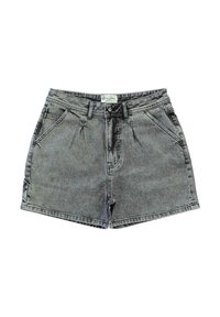 Denim shorts in een vervaagde zwarte tint, met een hoge taille, standaard vijf-pocket ontwerp en een knoopsluiting, met een klassieke rechte pasvorm.