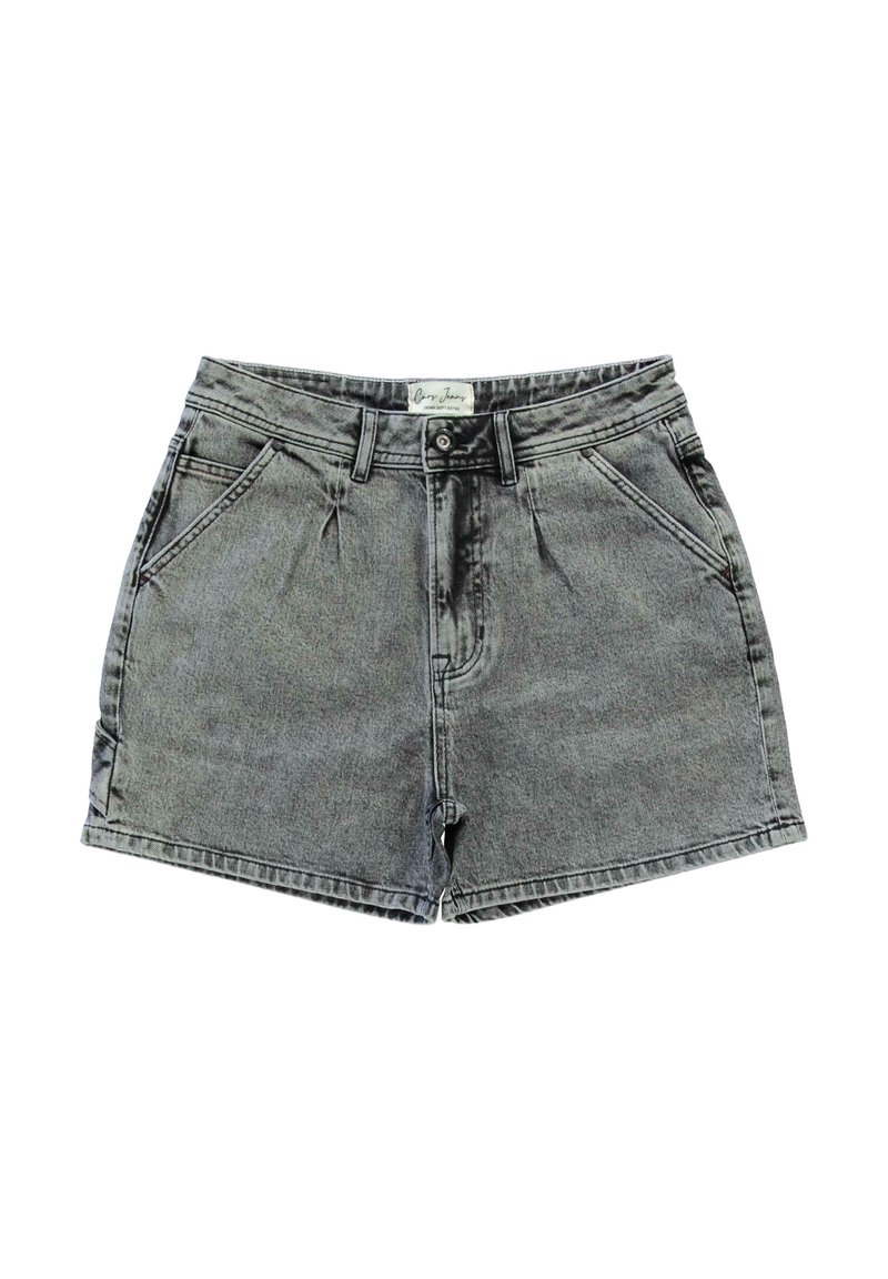 Denim shorts in een vervaagde zwarte tint, met een hoge taille, standaard vijf-pocket ontwerp en een knoopsluiting, met een klassieke rechte pasvorm.