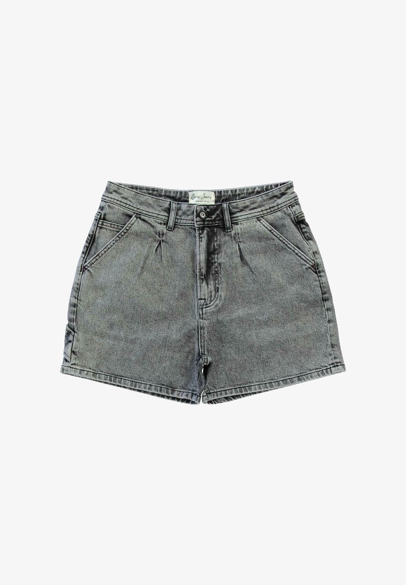 Denim shorts in een vervaagde zwarte tint, met een hoge taille, standaard vijf-pocket ontwerp en een knoopsluiting, met een klassieke rechte pasvorm.