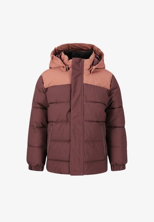 Padded jacket in burgundy and light brown, featuring a hood, zip front, elastic cuffs, and two side pockets with gray accents.
