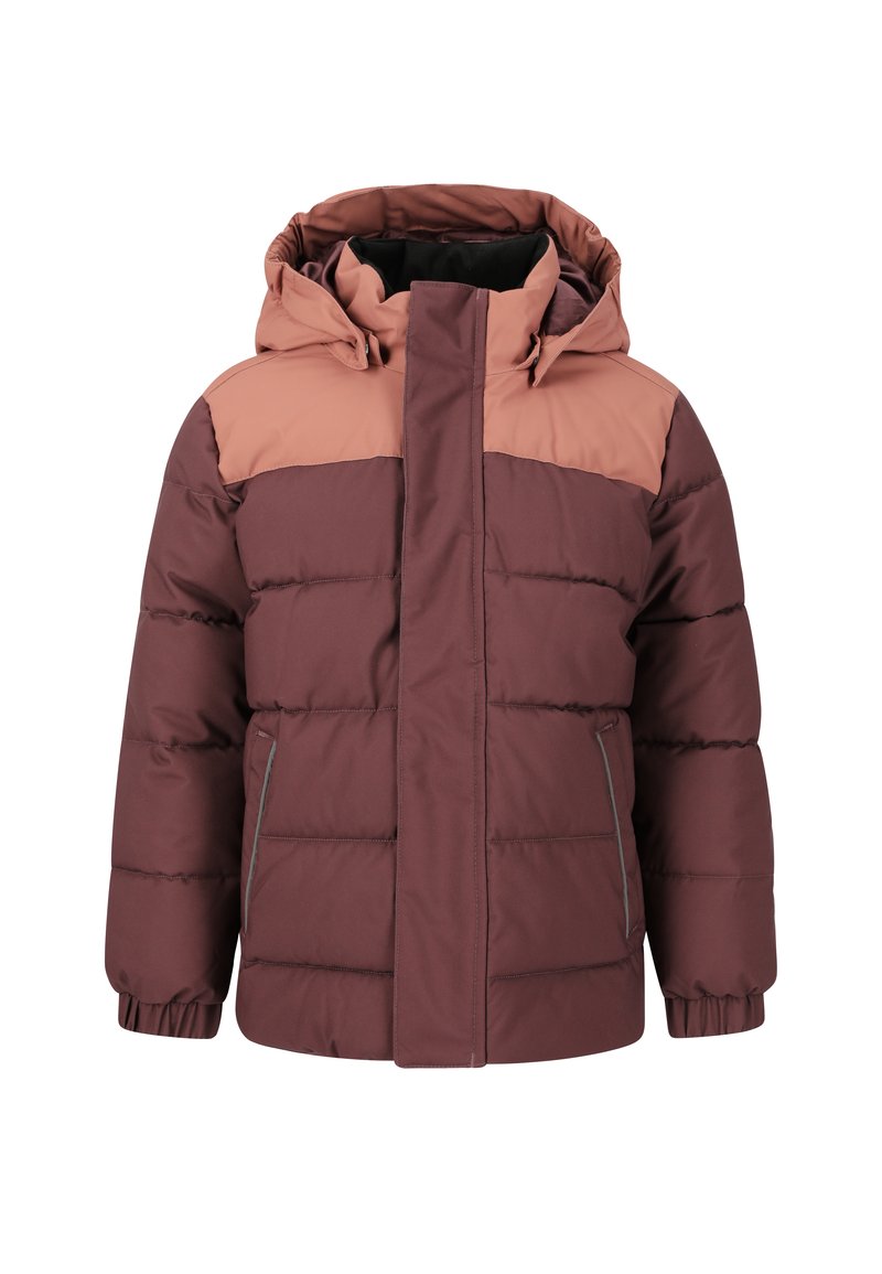 Giubbotto imbottito in bordeaux e marrone chiaro, dotato di cappuccio, chiusura frontale con zip, polsini elasticizzati e due tasche laterali con accenti grigi.