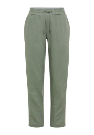 Pantalon décontracté vert clair avec taille élastique, cordon de serrage et grandes poches plaquées devant, coupe droite.
