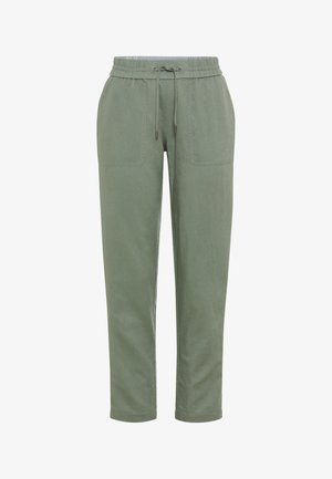 Pantalon décontracté vert clair avec taille élastique, cordon de serrage et grandes poches plaquées devant, coupe droite.