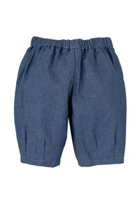 Pantalones cortos de algodón azul con una cinturilla elástica, que presentan un ajuste holgado, diseño plisado y dobladillos acampanados. Textura suave con una apariencia similar al denim.