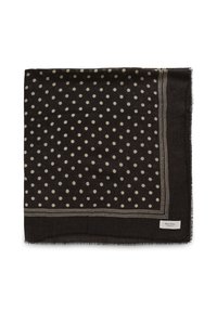 Foulard carré noir à pois blancs, bordure rayée et petite étiquette blanche indiquant "Part Two" dans un coin.