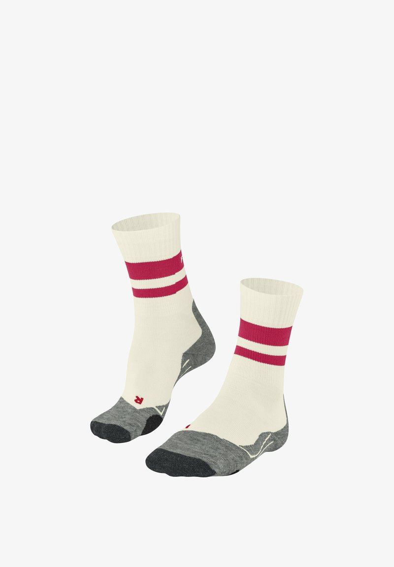 Crewlänge Socken in Creme mit roten und weißen Streifen, mit grauen Akzenten an Ferse und Zehen; strukturierter gerippter Rand.