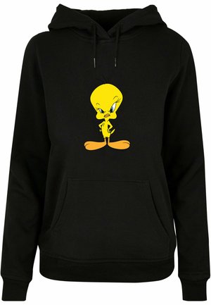 Svart hettegenser med et gult tegneseriefigur grafikk på forsiden. Designet har en romslig kengurulomme og justerbar hette med snøring.
