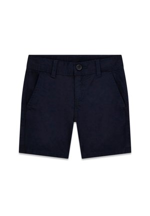 Bermuda en coton bleu marine avec fermeture à boutons, passants pour ceinture, poches avant et détails cousus, présenté à plat sur fond blanc.