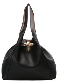 Musta nahkalaukku, jossa on rakenteellinen muotoilu, ylhäällä suljettava klipsi ja kultaiset yksityiskohdat. Kaksoishihnat olalla.