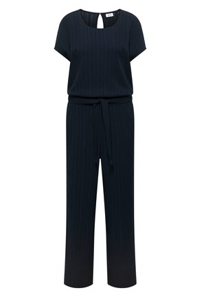 Marineblå kortærmet jumpsuit med rund halsudskæring, tekstureret stof, bælte om taljen, bukser med lige ben og nøglehulslukning bagpå.