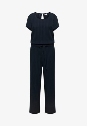 Tuta corta a maniche corte blu navy con scollo tondo, tessuto strutturato, cintura annodata in vita, pantaloni a gamba dritta e chiusura posteriore a oblò.