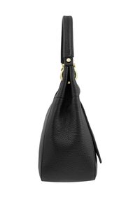 Black leather handbag with a textured finish, a single top handle, and gold-tone hardware. Features a compact, triangular shape.