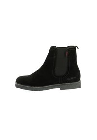 Black suede ankle boot with elastic side panels, a rounded toe, and a textured rubber sole. Features a stitched border and logo detail.